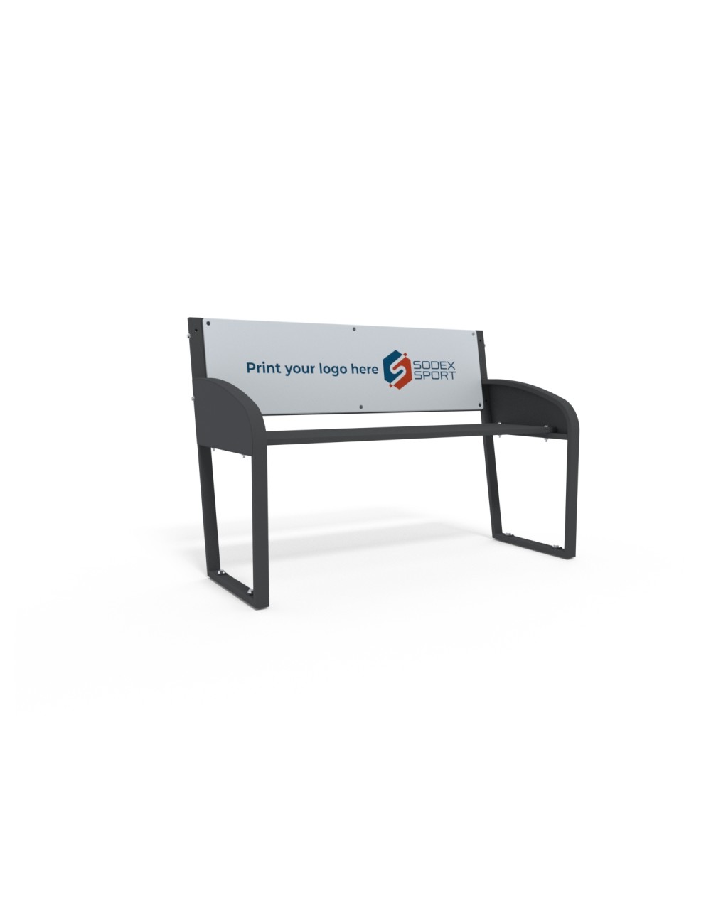 Dviejų vietų suoliukas su plieniniu rėmu ir atlošu bei pageidaujamu logotipu