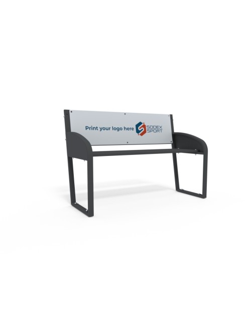 Dviejų vietų suoliukas su plieniniu rėmu ir atlošu bei pageidaujamu logotipu